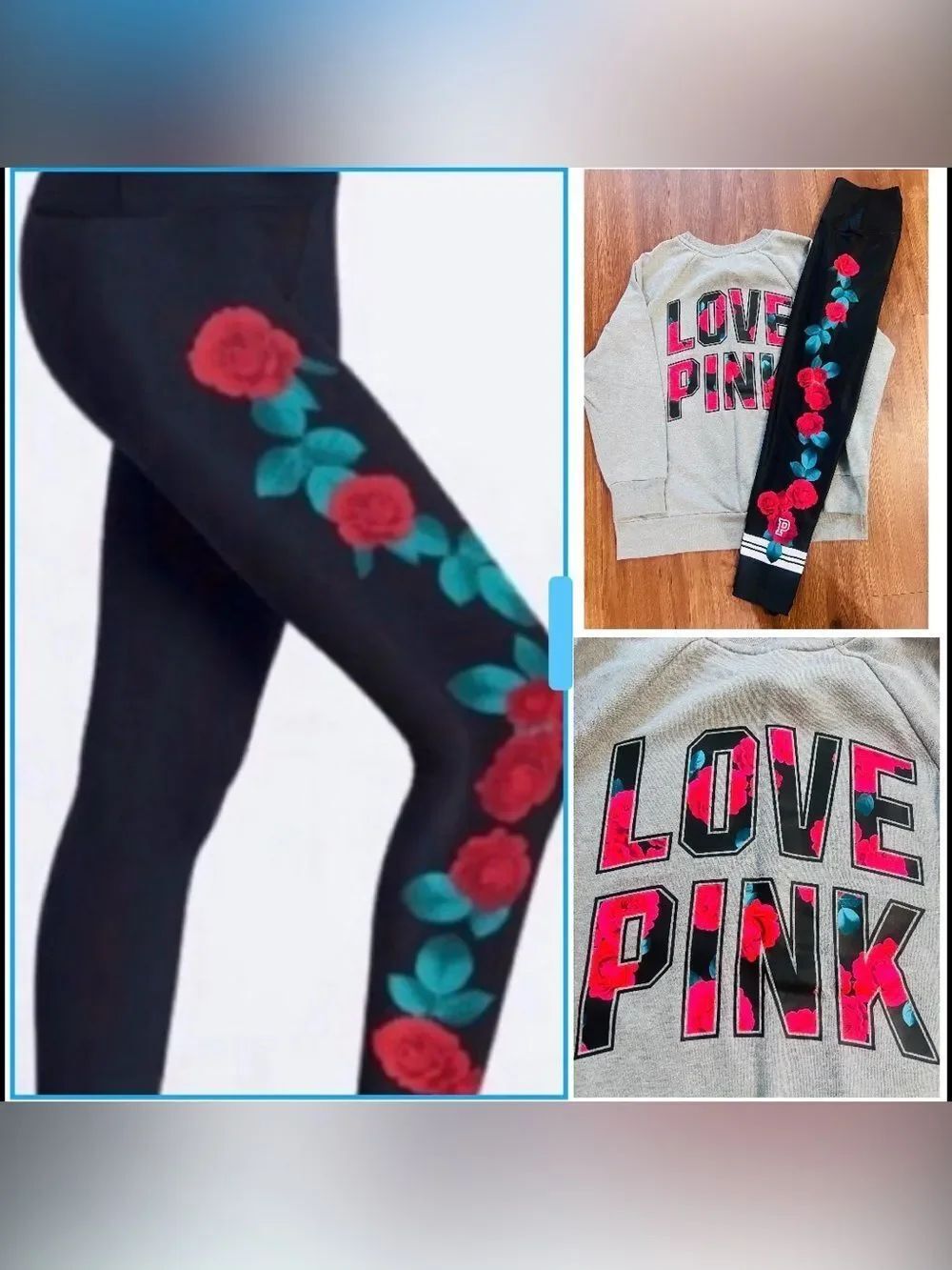 VS PINK ROSES SWEATSHIRT/ ULTIMATE LEGGINGS OUTFIT LARGE